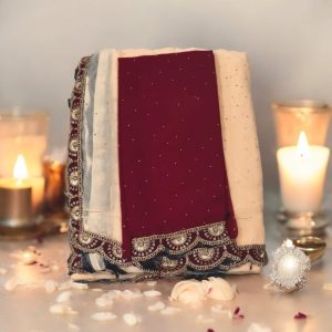 Fancy Saree with cut work blouse Sandel With Red