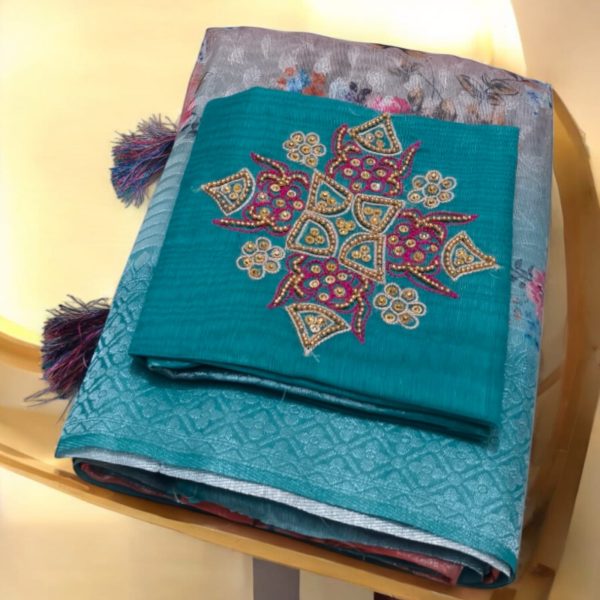 Fancy Digital Silk Saree with Work Blouse - Image 3